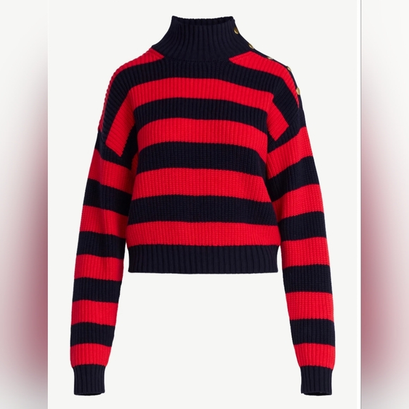 Free Assembly Sweaters - Free Assembly Mock Neck Sweater Red Navy Striped Button Shoulder Ribbed Size S